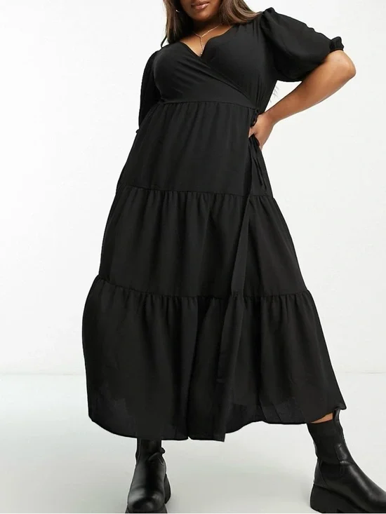 NWT ASOS Curve Black Tiered Wrap Midi Dress - Picture 1 of 6